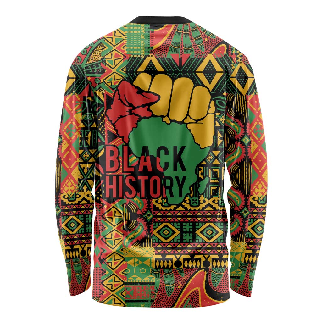 Unisex long-sleeve shirt with multicolor graphic showing Black History and fist