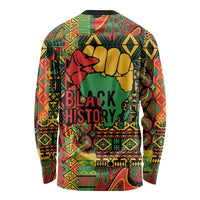 Unisex long-sleeve shirt with multicolor graphic showing Black History and fist