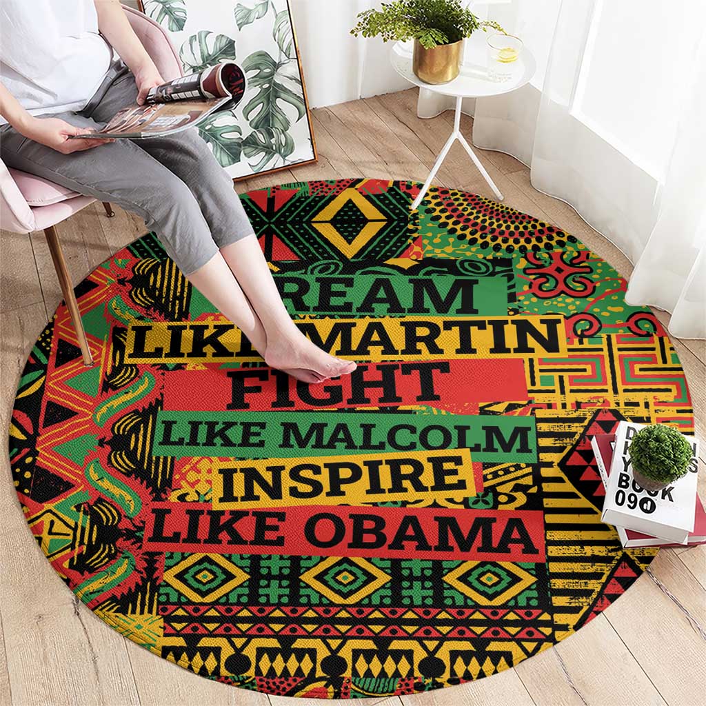 Round area rug, multicolor geometric pattern with large stacked text in teal and red