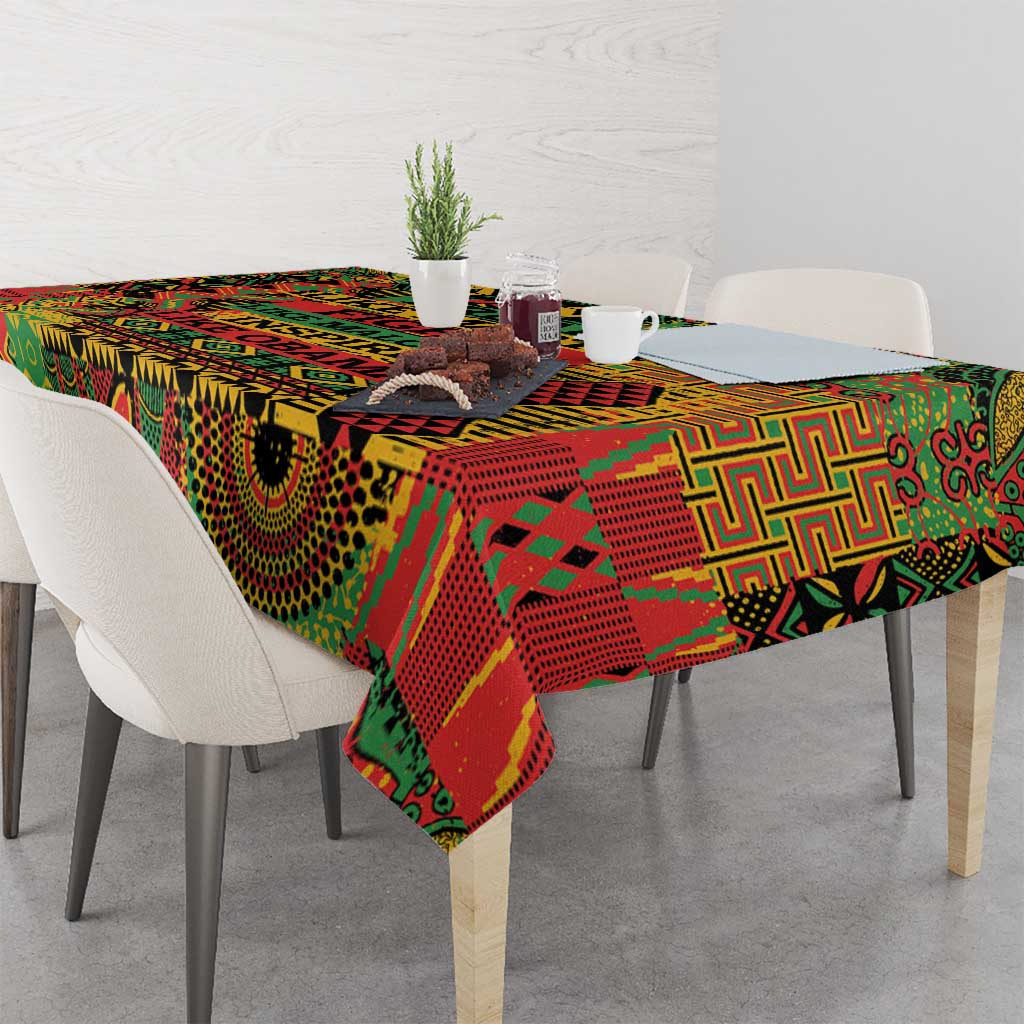 Colorful patterned tablecloth over dining table with corner drop in green, red, yellow
