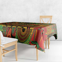 Colorful patterned tablecloth with geometric motifs in red, green, and yellow tones