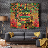 Colorful patterned wall tapestry with bold text and tribal motifs
