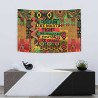 Colorful wall tapestry with centered text panel and geometric border