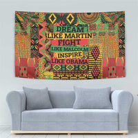 Colorful wall tapestry with bold lettering and decorative shapes