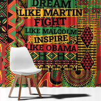 Close-up view of multicolor patterned window curtain fabric with bold text