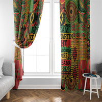 Two hanging patterned window curtains in front of a white door and window