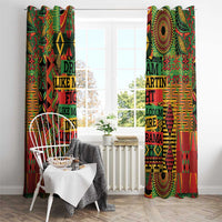 Two hanging multicolor geometric window curtains with bold printed words