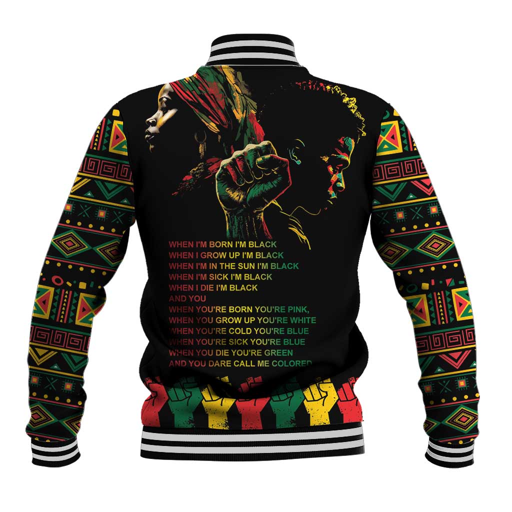 Black baseball jacket back with large portrait and text graphic, patterned sleeves, ribbed cuffs
