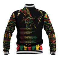 Black baseball jacket back with large portrait and text graphic, patterned sleeves, ribbed cuffs