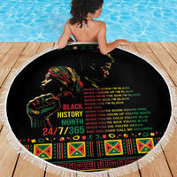 Black round beach blanket with fringe, Black History Month message with colorful portraits