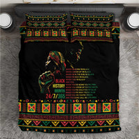 Black bedding set with colorful tribal border and portrait graphic on duvet