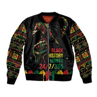 Black unisex bomber jacket with Black History Month graphic, ribbed cuffs
