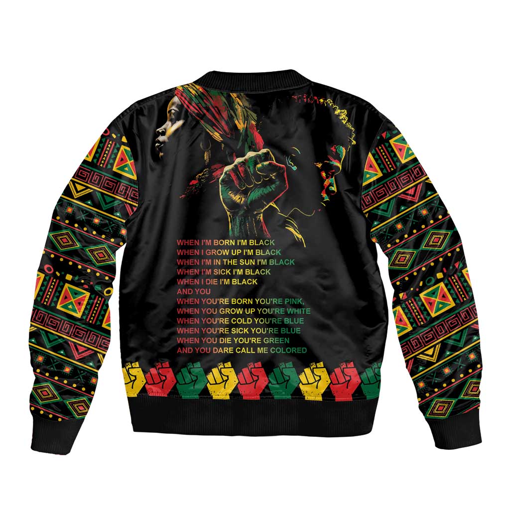 Black unisex bomber jacket with multicolor back text and patterned sleeves