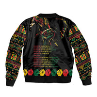 Black unisex bomber jacket with multicolor back text and patterned sleeves
