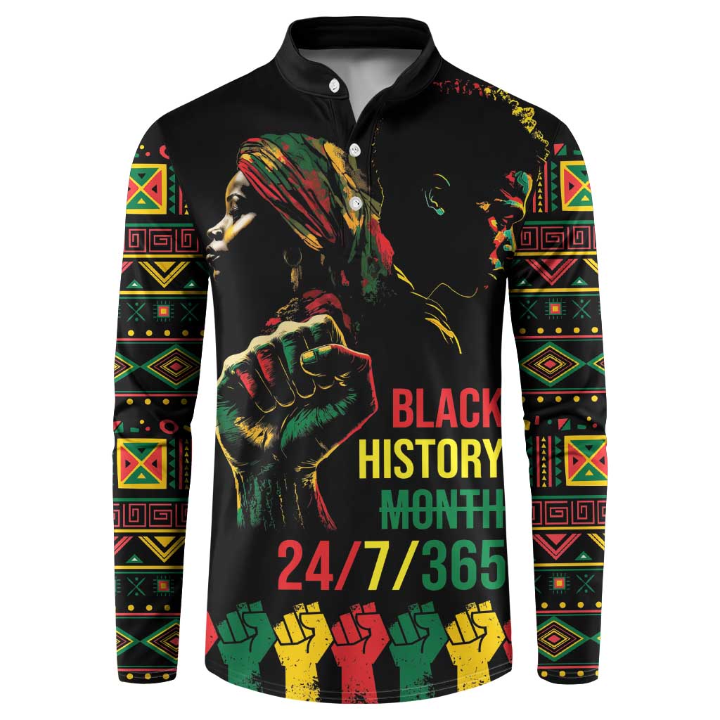 Black button sweatshirt with Black History Month graphic and 24/7/365 front print