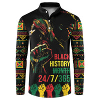 Black button sweatshirt with Black History Month graphic and 24/7/365 front print