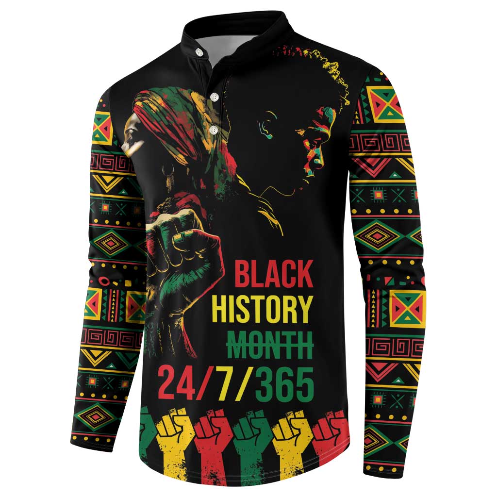 Black button sweatshirt with Black History Month graphic, colorful Aztec-style sleeve bands