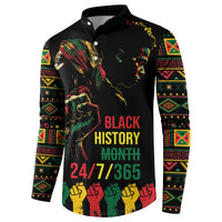 Black button sweatshirt with Black History Month graphic, colorful Aztec-style sleeve bands