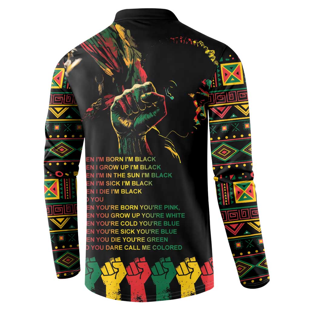 Black button sweatshirt with back portrait and quote text in multicolor print