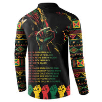 Black button sweatshirt with back portrait and quote text in multicolor print