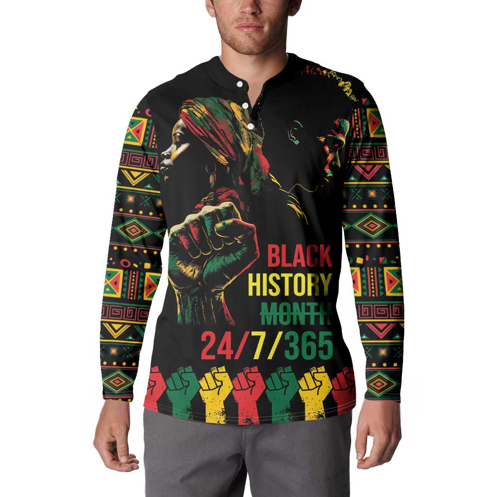 Black button sweatshirt on model with Black History Month front graphic and 24/7/365