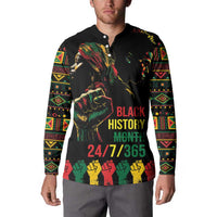 Black button sweatshirt on model with Black History Month front graphic and 24/7/365