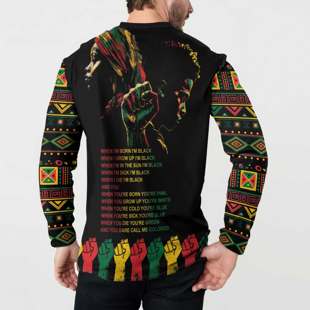 Black button sweatshirt on model, back quote text with multicolor portrait print