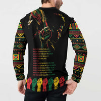 Black button sweatshirt on model, back quote text with multicolor portrait print
