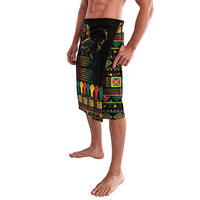 Black lavalava skirt with colorful portrait and geometric band print
