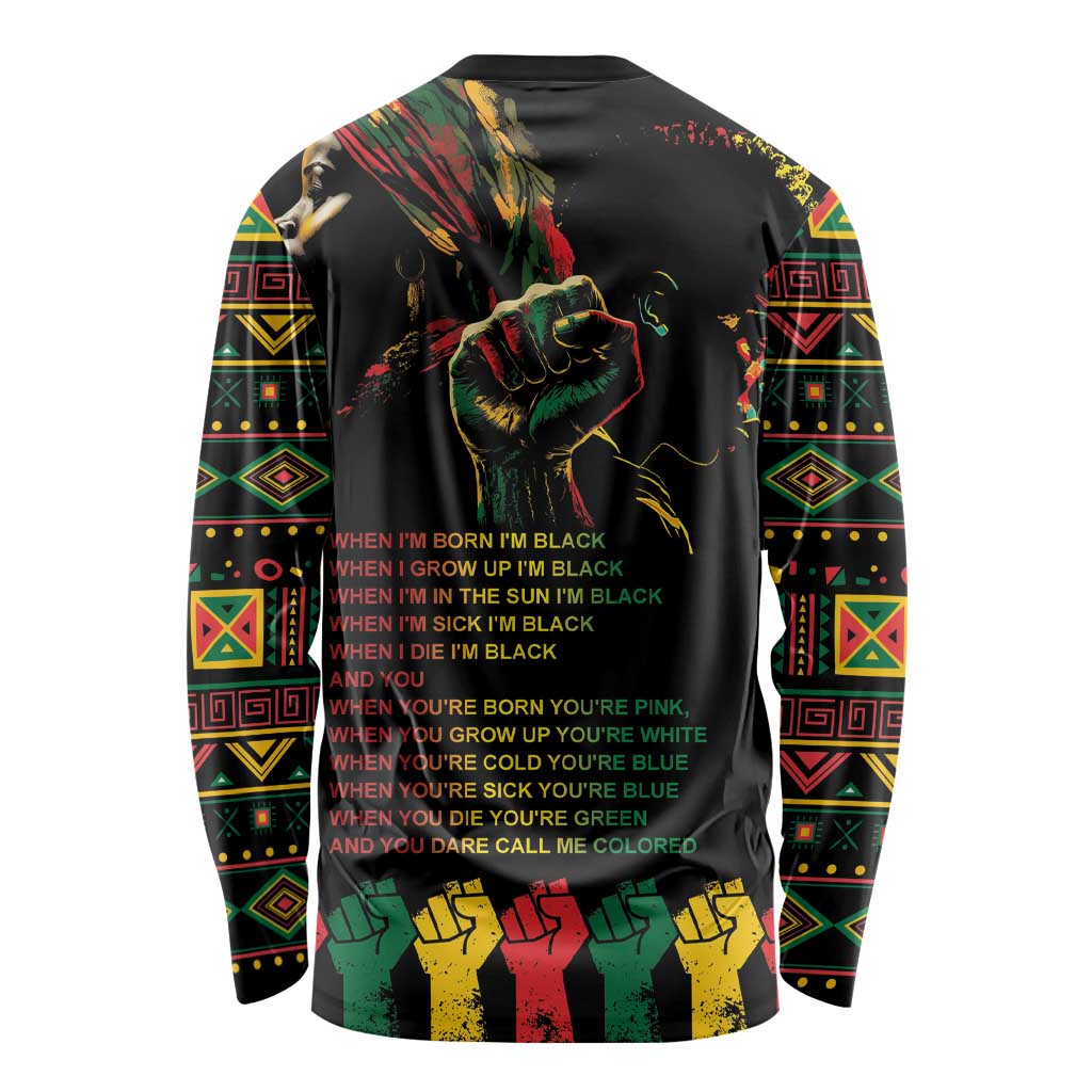 Black long-sleeve shirt with colorful tribal border and quote text on back