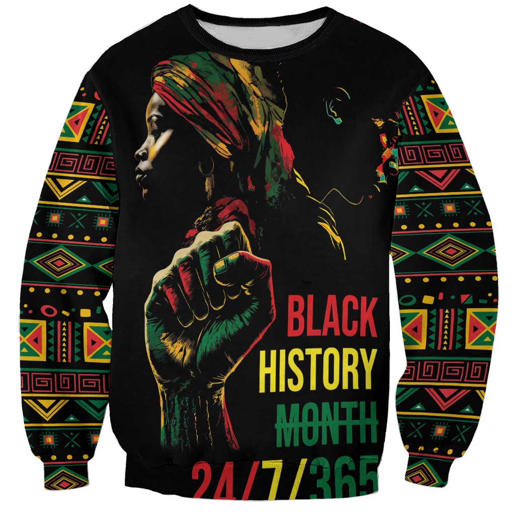 Black crewneck sweatshirt with colorful portrait, fist graphic, and “BLACK HISTORY MONTH”
