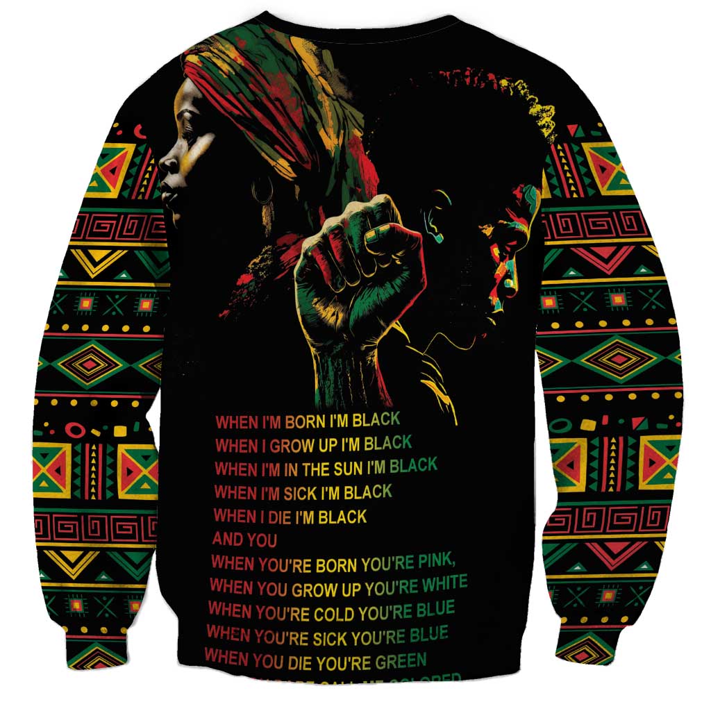 Black crewneck sweatshirt with patterned sleeves and poem text on back