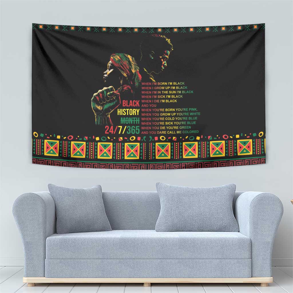 Black tapestry wall hanging with portrait, Black History Month wording, and geometric trim