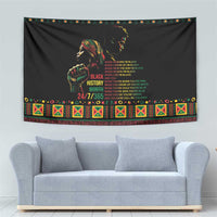 Black tapestry wall hanging with portrait, Black History Month wording, and geometric trim