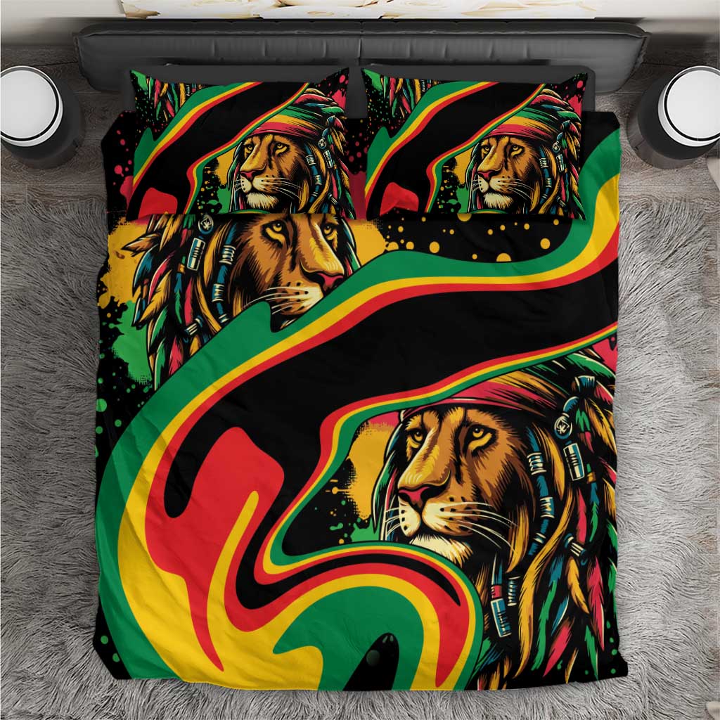 Black bedding set with colorful lion face artwork and rasta swirl, duvet and two pillows