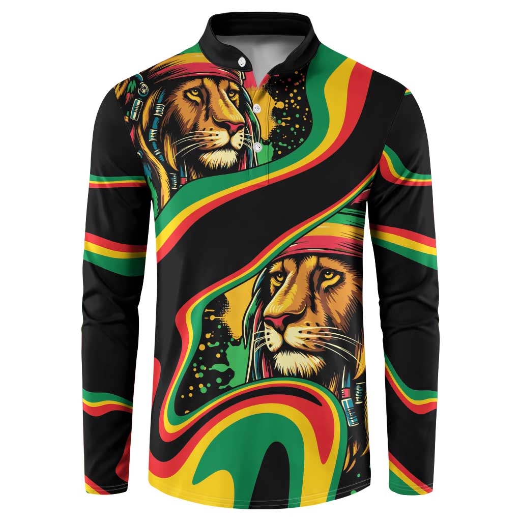 Black button-front sweatshirt with front lion and Rastafarian flag swirl graphic