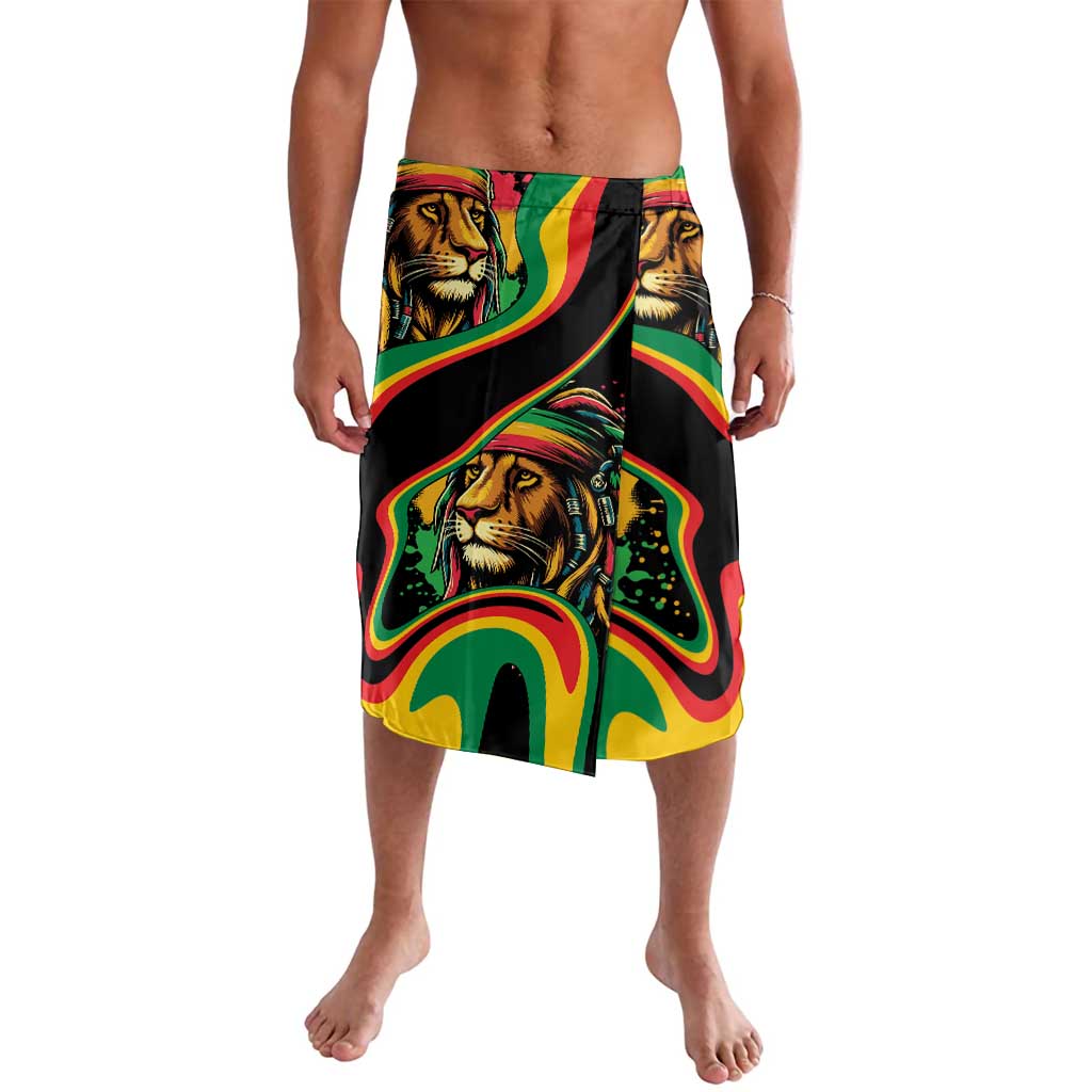 Black board shorts with reggae lion graphic, colorful rasta waves and elastic waistband