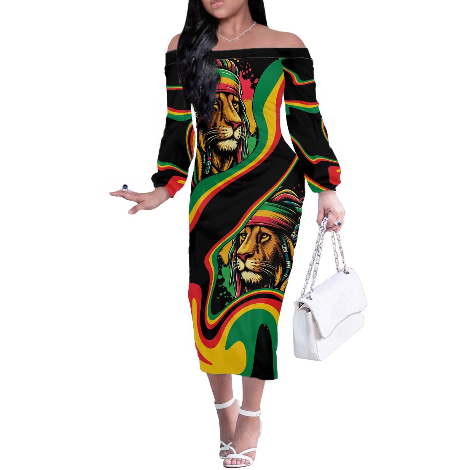 Rastafarian Lion Proud of Jamaica Off The Shoulder Long Sleeve Dress Reggae My Soul - Wonder Print Shop