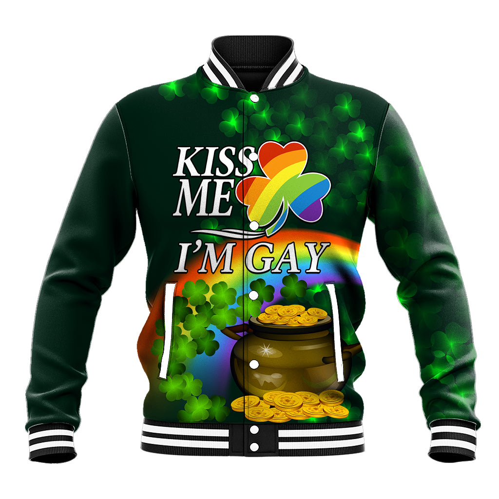 Green varsity baseball jacket, striped collar, 'KISS ME I'M GAY' pot-of-gold graphic