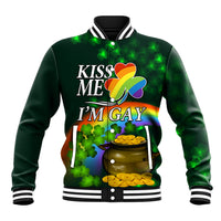 Green varsity baseball jacket, striped collar, 'KISS ME I'M GAY' pot-of-gold graphic