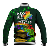Green varsity baseball jacket, striped collar, back text 'KISS ME I'M GAY' and clover pot