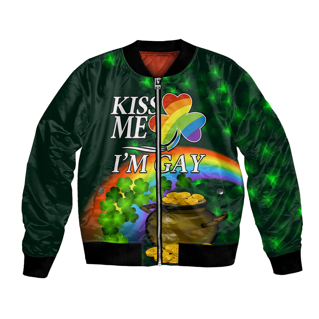 Green bomber jacket, front zipper, rainbow clover graphic and 'Kiss Me I'm Gay' text