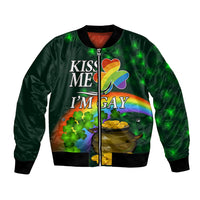 Green bomber jacket, front zipper, rainbow clover graphic and 'Kiss Me I'm Gay' text