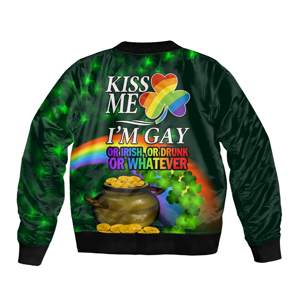 Green bomber jacket back graphic with rainbow heart clover and 'Kiss Me I'm Gay' with Irish text