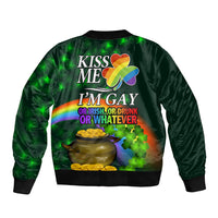 Green bomber jacket back graphic with rainbow heart clover and 'Kiss Me I'm Gay' with Irish text