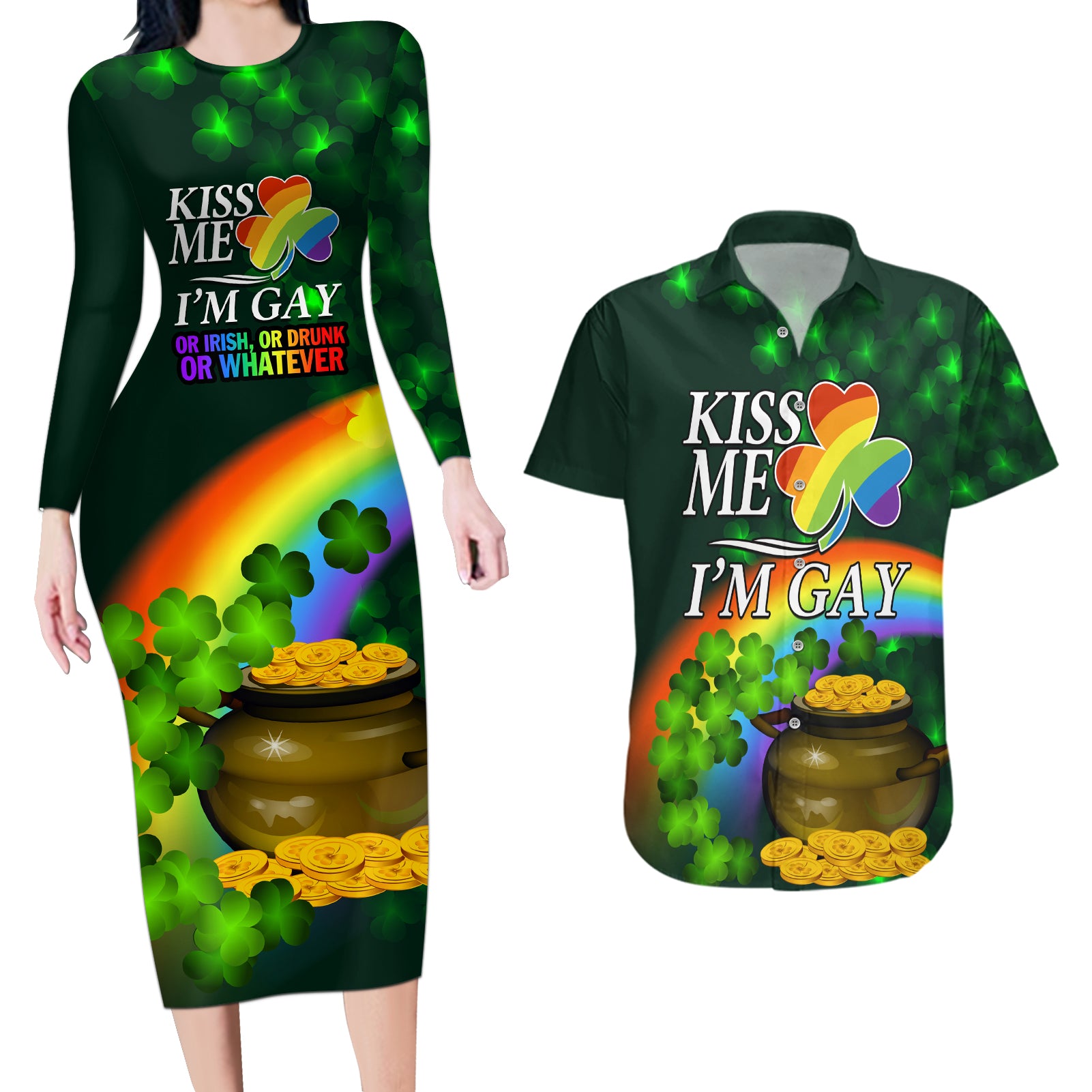 Kiss Me I'm Gay St Patricks Day Couples Matching Long Sleeve Bodycon Dress and Hawaiian Shirt LT9 - Wonder Print Shop