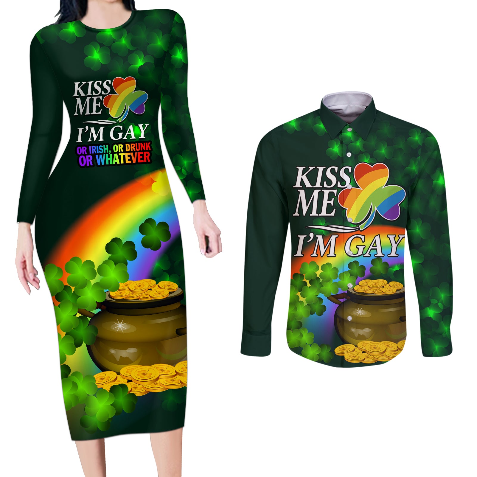 Kiss Me I'm Gay St Patricks Day Couples Matching Long Sleeve Bodycon Dress and Long Sleeve Button Shirt LT9 - Wonder Print Shop