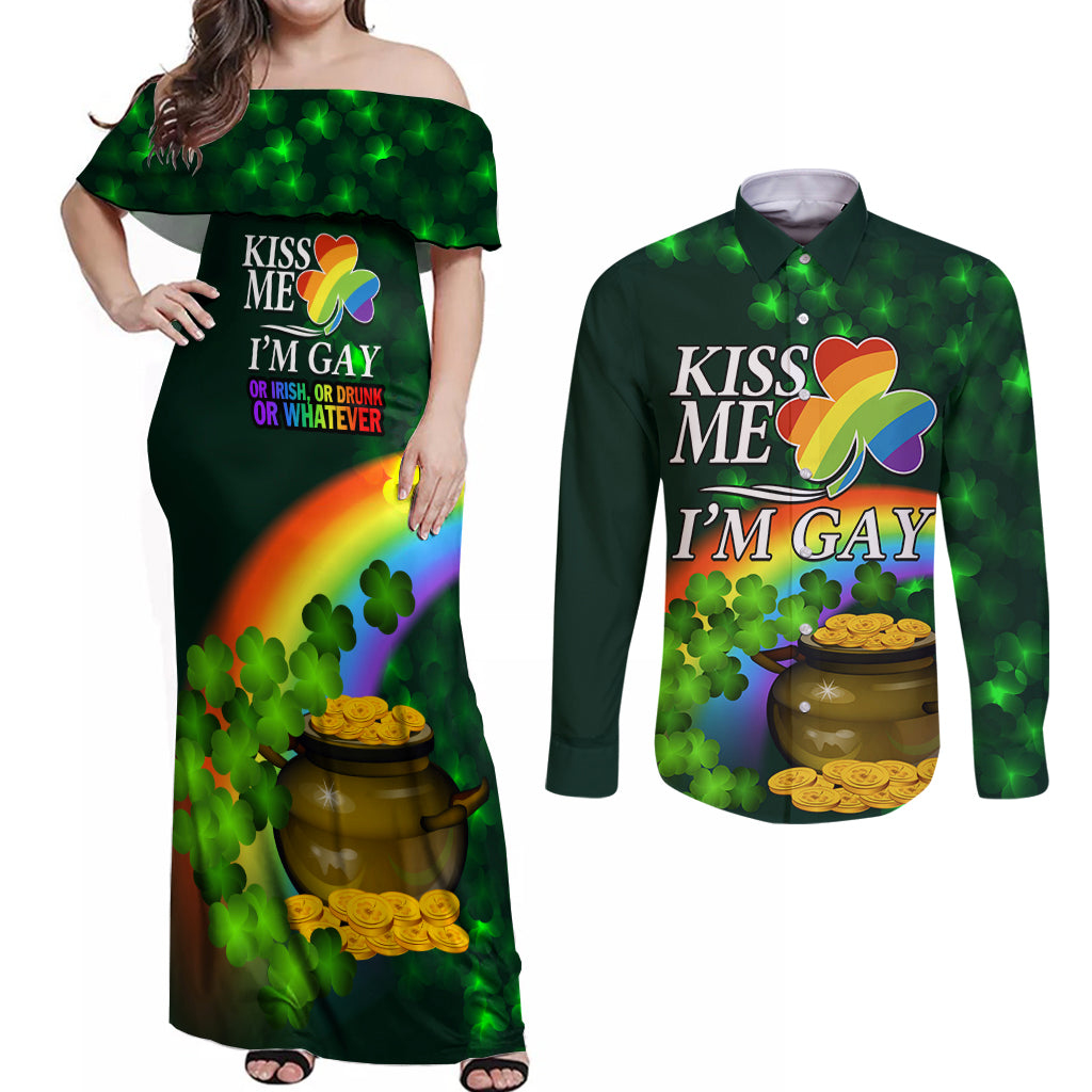 Kiss Me I'm Gay St Patricks Day Couples Matching Off Shoulder Maxi Dress and Long Sleeve Button Shirt LT9 - Wonder Print Shop