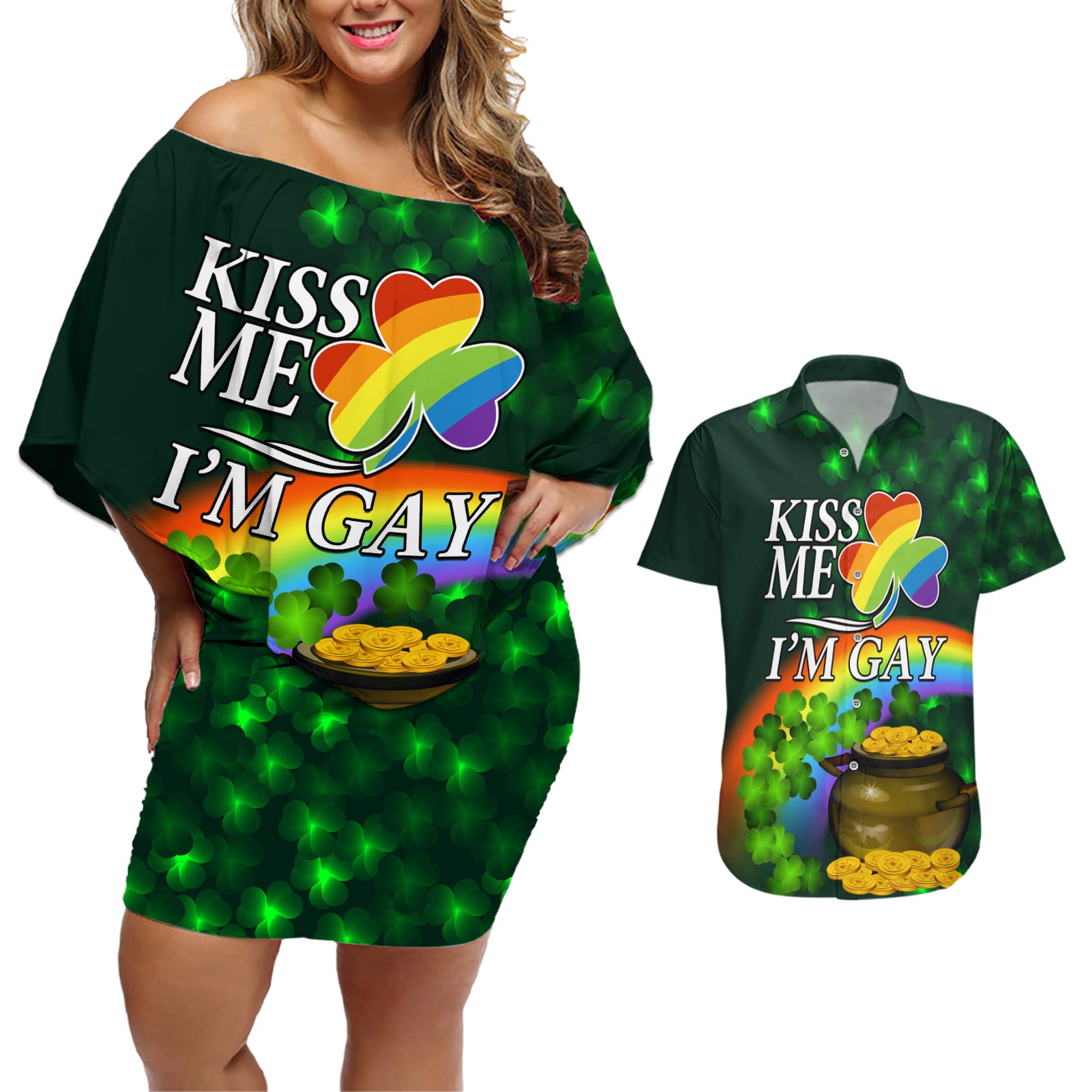 Kiss Me I'm Gay St Patricks Day Couples Matching Off Shoulder Short Dress and Hawaiian Shirt LT9 - Wonder Print Shop