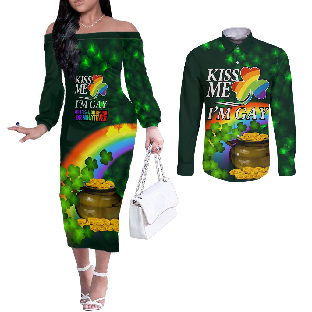 Kiss Me I'm Gay St Patricks Day Couples Matching Off The Shoulder Long Sleeve Dress and Long Sleeve Button Shirt